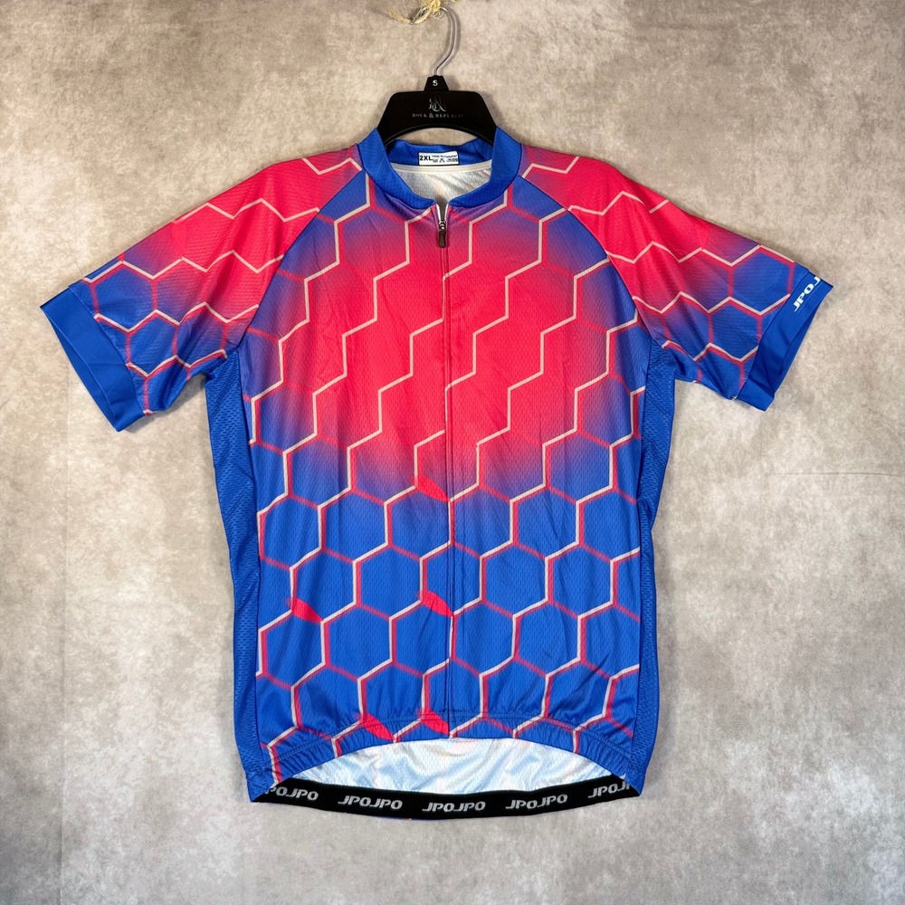 JPOJPO Cycling Jersey Men 2XL Blue Pink Honeycomb Short Sleeve Quarter Zip